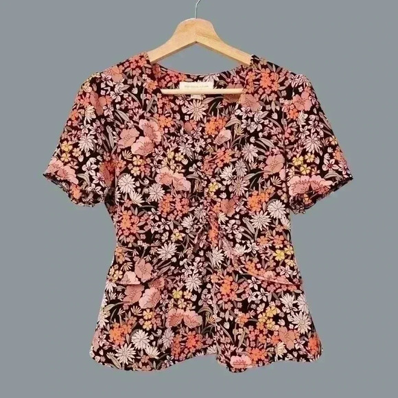 Monteau Los Angeles Floral V-Neck Top Sz Large - Picture 1 of 5
